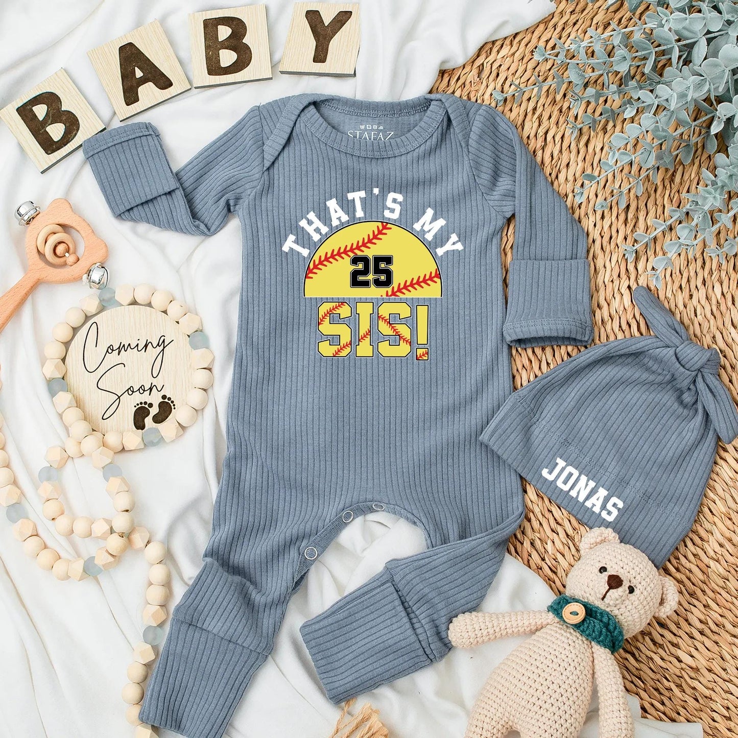 That's My Sis Baseball Baby Bodysuit - Custom Number 25 Sibling Outfit - Cute Baseball Fan Clothes - Newborn Sister Gift - Sporty Romper (138 chars)