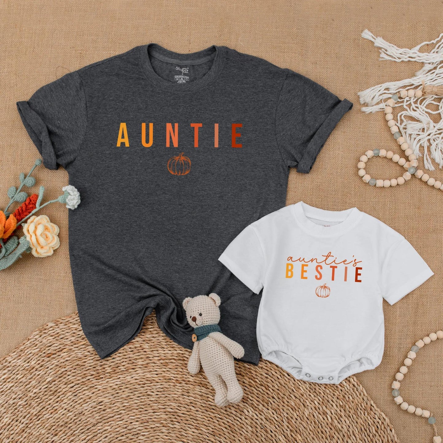 Auntie & Auntie's Bestie Matching Pumpkin Shirts Gradient Autumn Family Thanksgiving Outfits Baby Romper