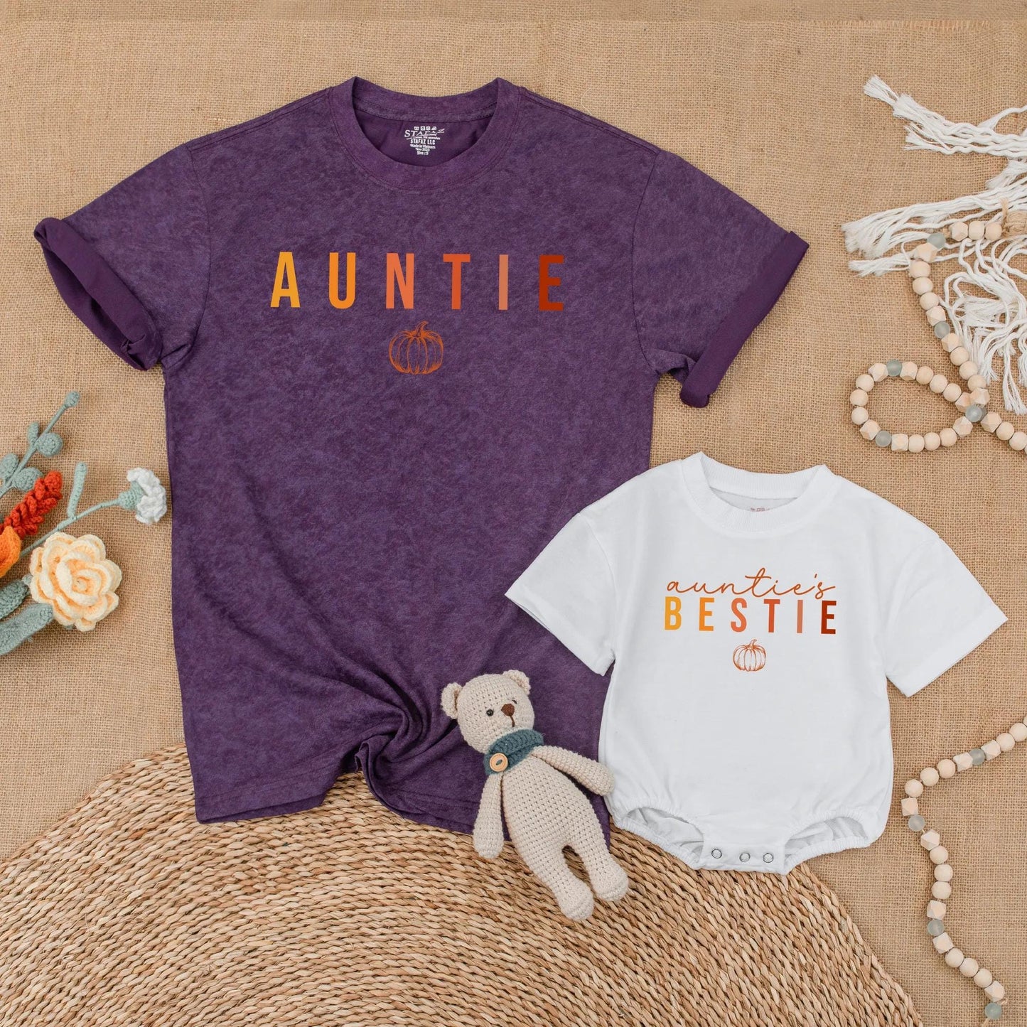 Auntie & Auntie's Bestie Matching Pumpkin Shirts Gradient Autumn Family Thanksgiving Outfits Baby Romper