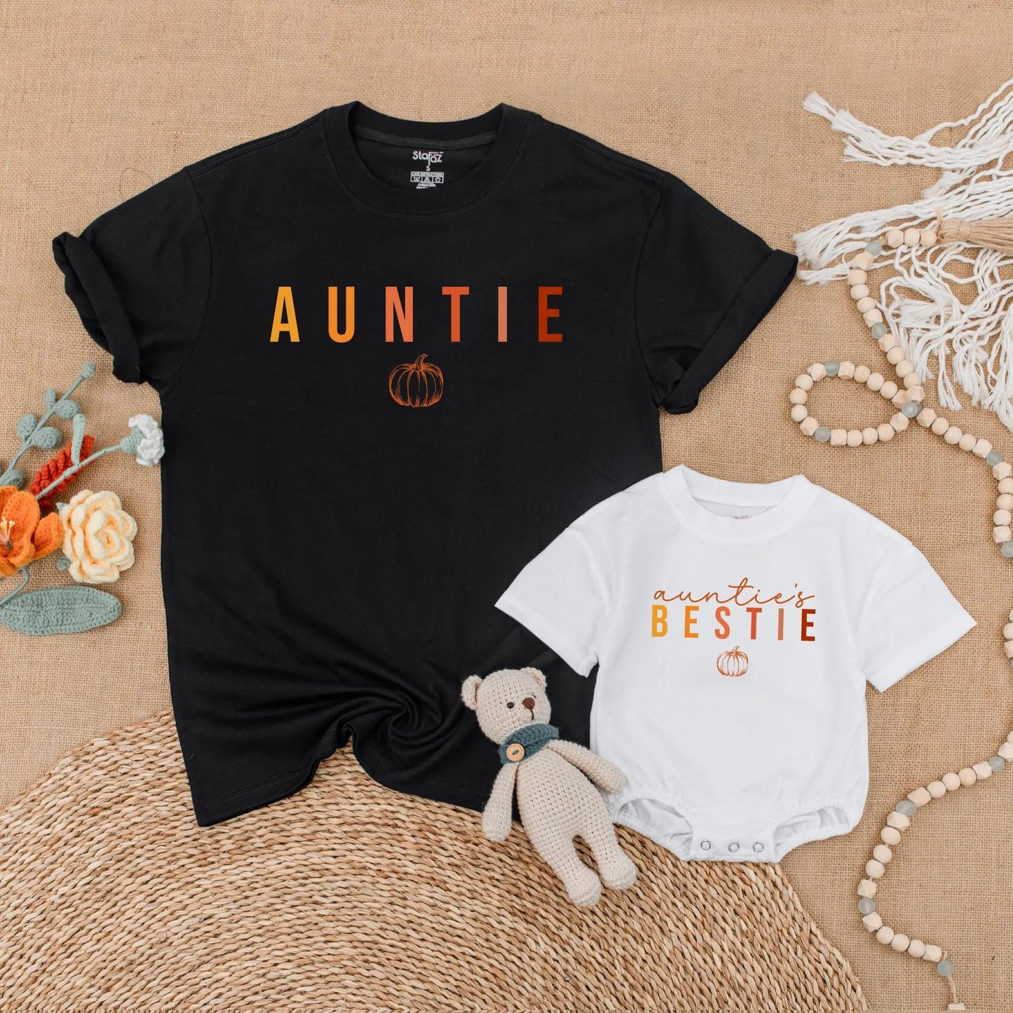 Auntie & Auntie's Bestie Matching Pumpkin Shirts Gradient Autumn Family Thanksgiving Outfits Baby Romper