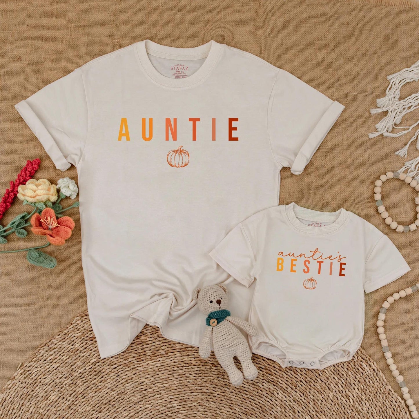 Auntie & Auntie's Bestie Matching Pumpkin Shirts Gradient Autumn Family Thanksgiving Outfits Baby Romper