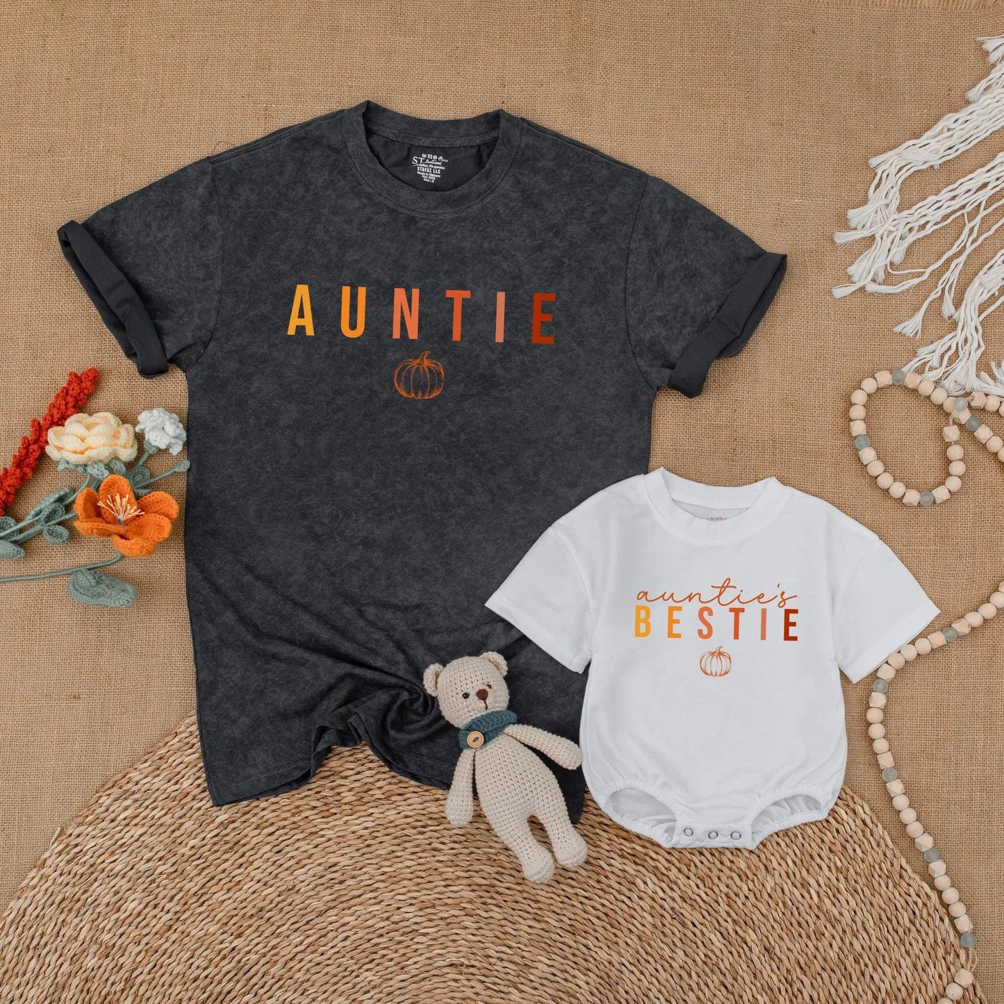 Auntie & Auntie's Bestie Matching Pumpkin Shirts Gradient Autumn Family Thanksgiving Outfits Baby Romper
