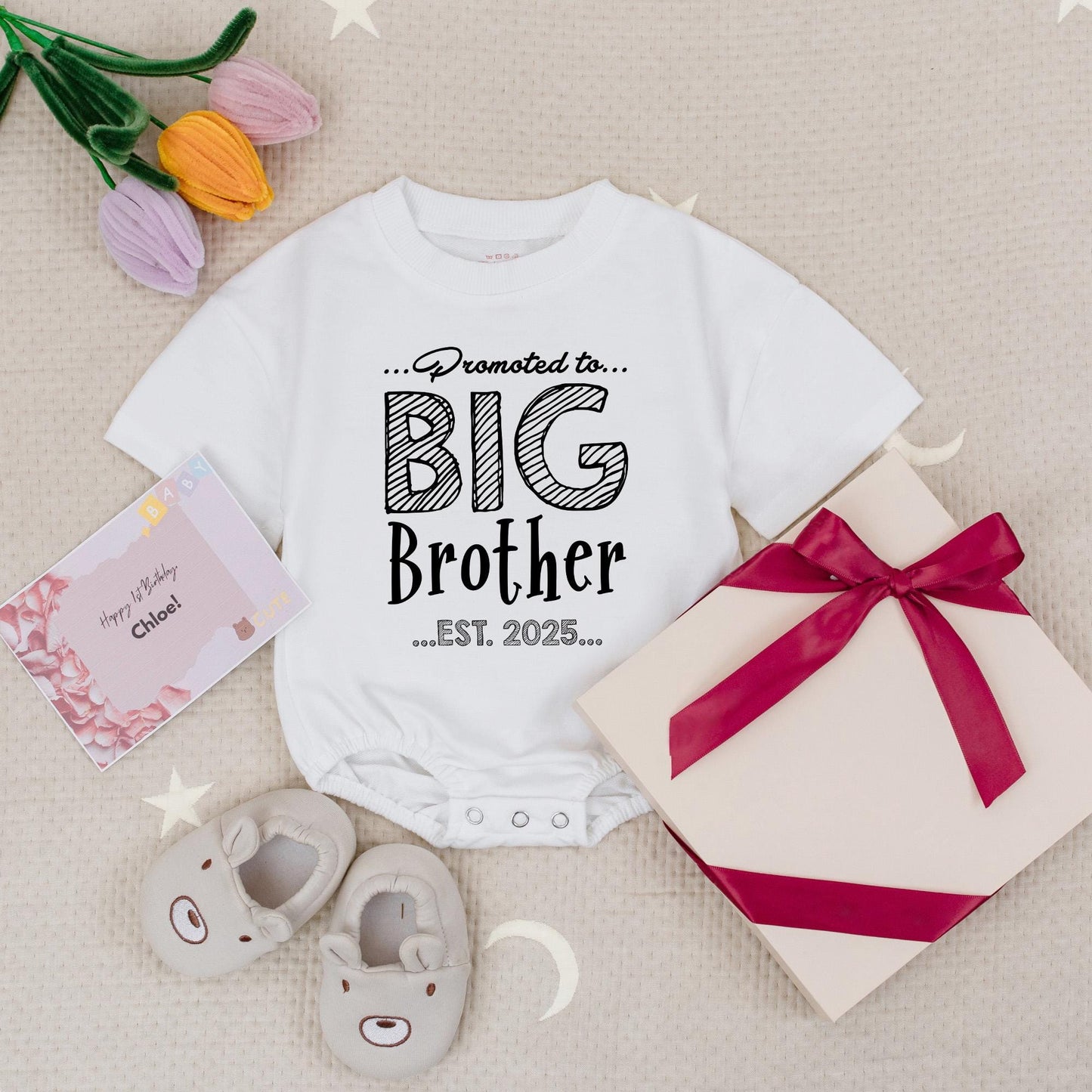 Promoted to Big Brother Est 2025 & Little Brother Baby Romper Set Matching Siblings New Baby Announcement Outfit