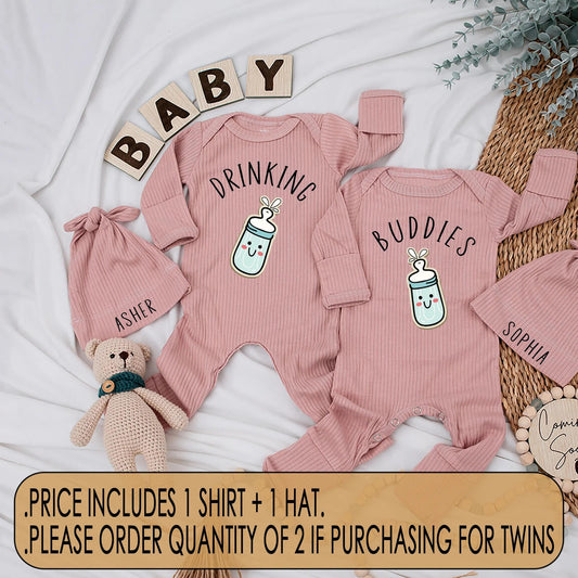 Drinking Buddies Twins Bodysuits Funny Milk Bottle Matching Outfits Personalized Baby Gift Newborn Shower Cute Clothes Cotton Comfortable Baby Shower Gift