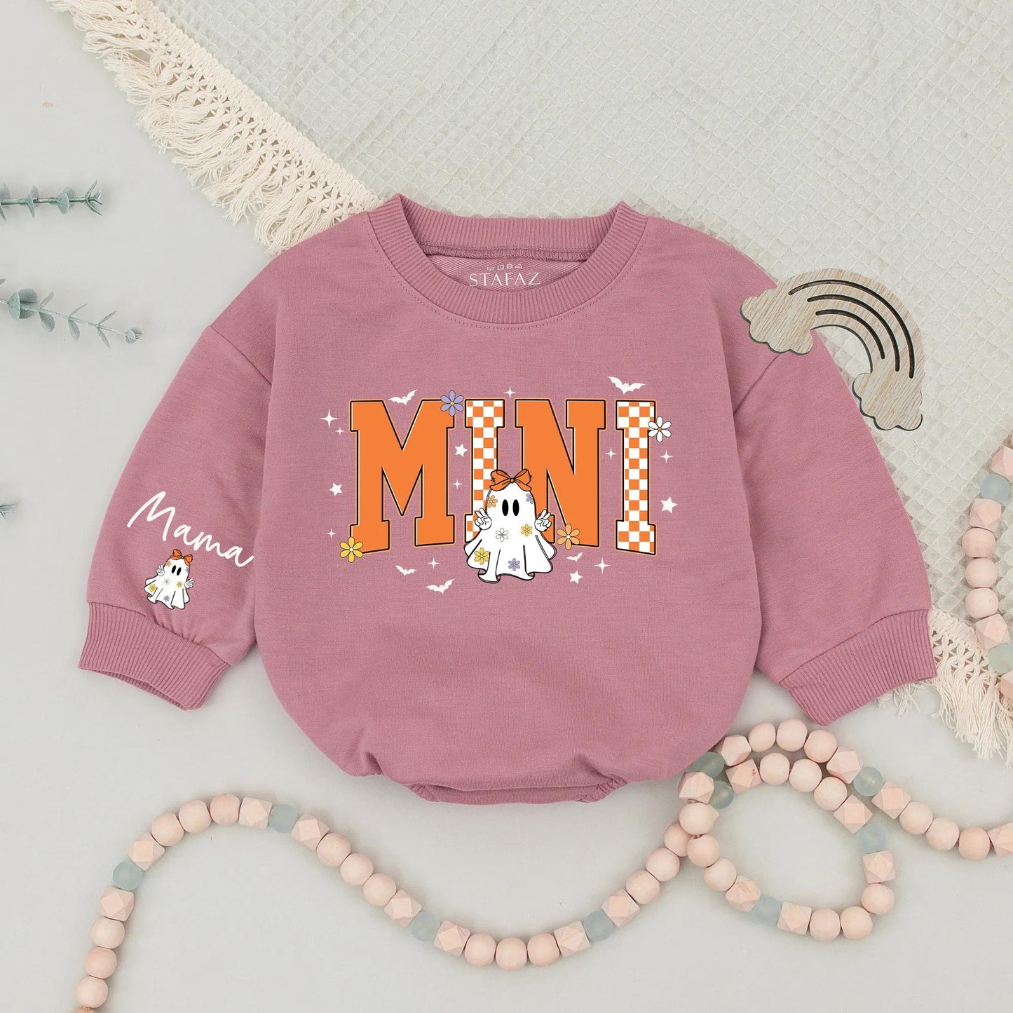 Retro Halloween Matching Mama Mini Sweatshirts, Personalized Family Ghost Sweaters, Checkerboard Fall Outfits, Custom Name Mommy and Me, Spooky Season (139)