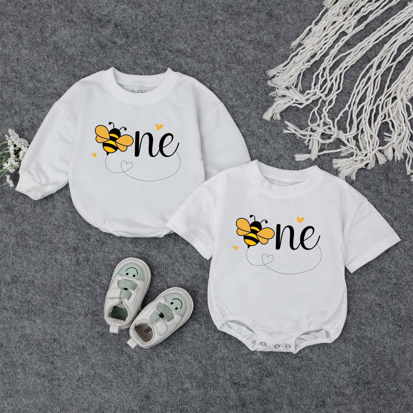 Sweet Bee First Birthday Romper, Cute One-sie with Flying Bee Design, Baby Girl Outfit, Yellow Hearts, Playful Party Clothes, Adorable Bee Day Gift (139 chars)
