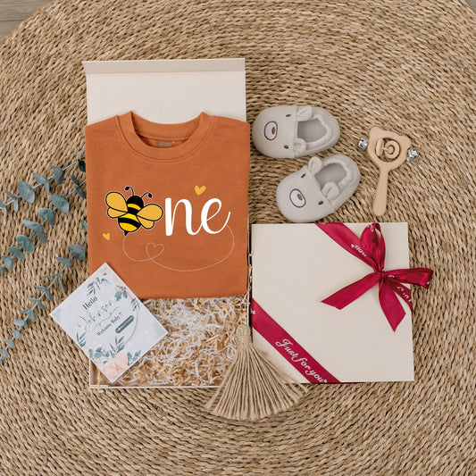 Sweet Bee First Birthday Romper, Cute One-sie with Flying Bee Design, Baby Girl Outfit, Yellow Hearts, Playful Party Clothes, Adorable Bee Day Gift (139 chars)