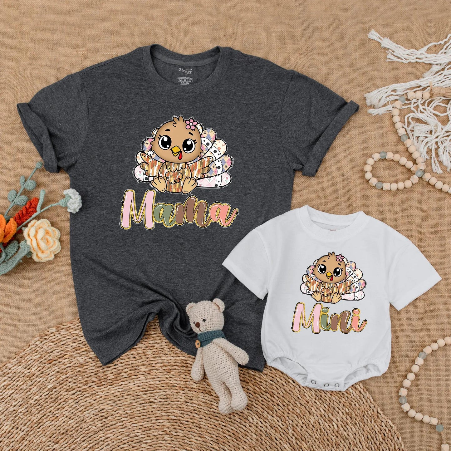 Thankful Turkey Mama & Mini Matching Fall Shirt Set, Thanksgiving Family Outfits, Baby Girl Toddler Thanksgiving Outfit, Mom & Me Gift (139 chars)