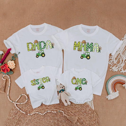 Green Tractor Family Matching Birthday Shirt Baby Boy 1st Birthday Outfit Mama Dada Mommy and Me Farm Theme Party