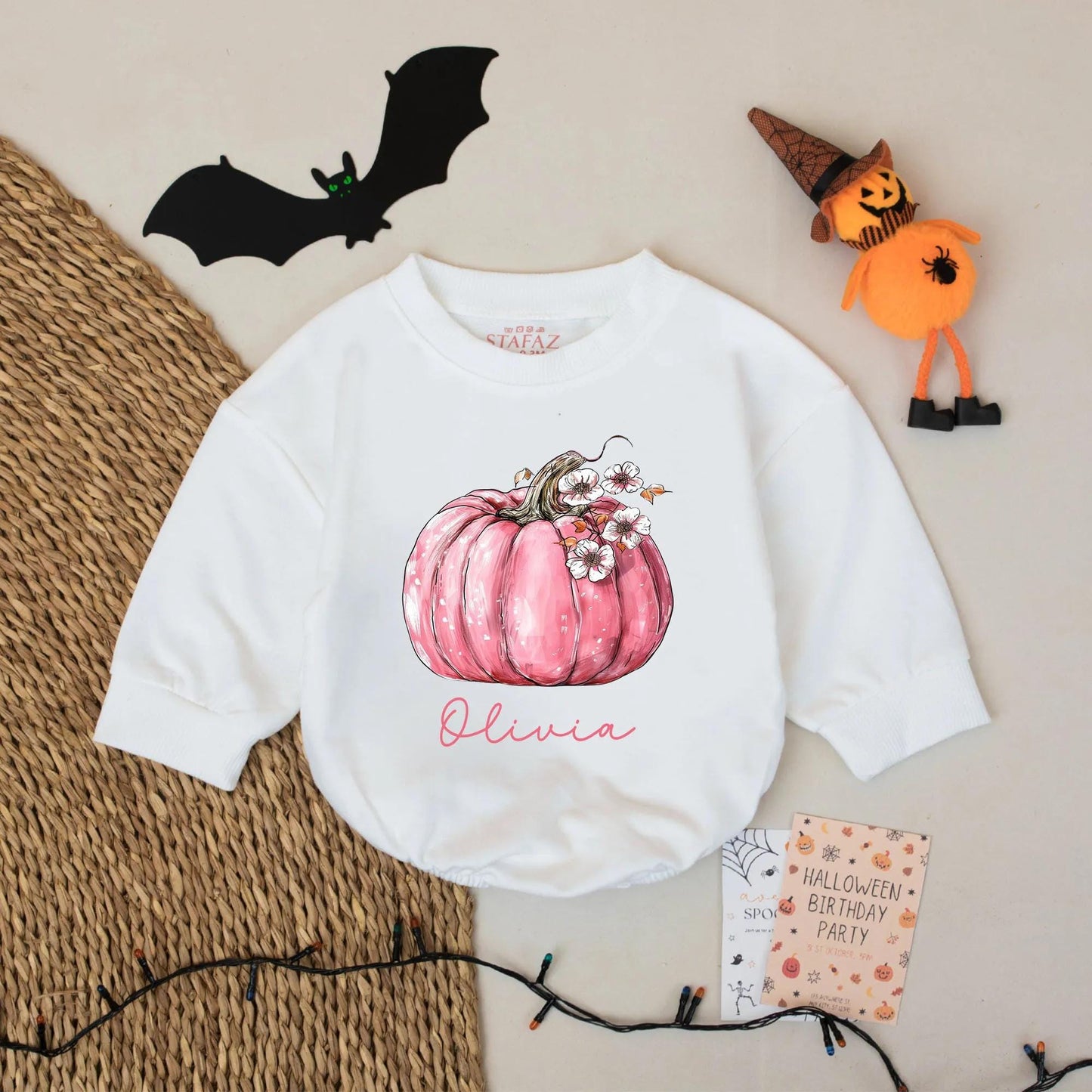 Personalized Fall Pumpkin Bubble Romper for Baby Girl - Custom Name Halloween Outfit, Spooky Season Newborn Gift
