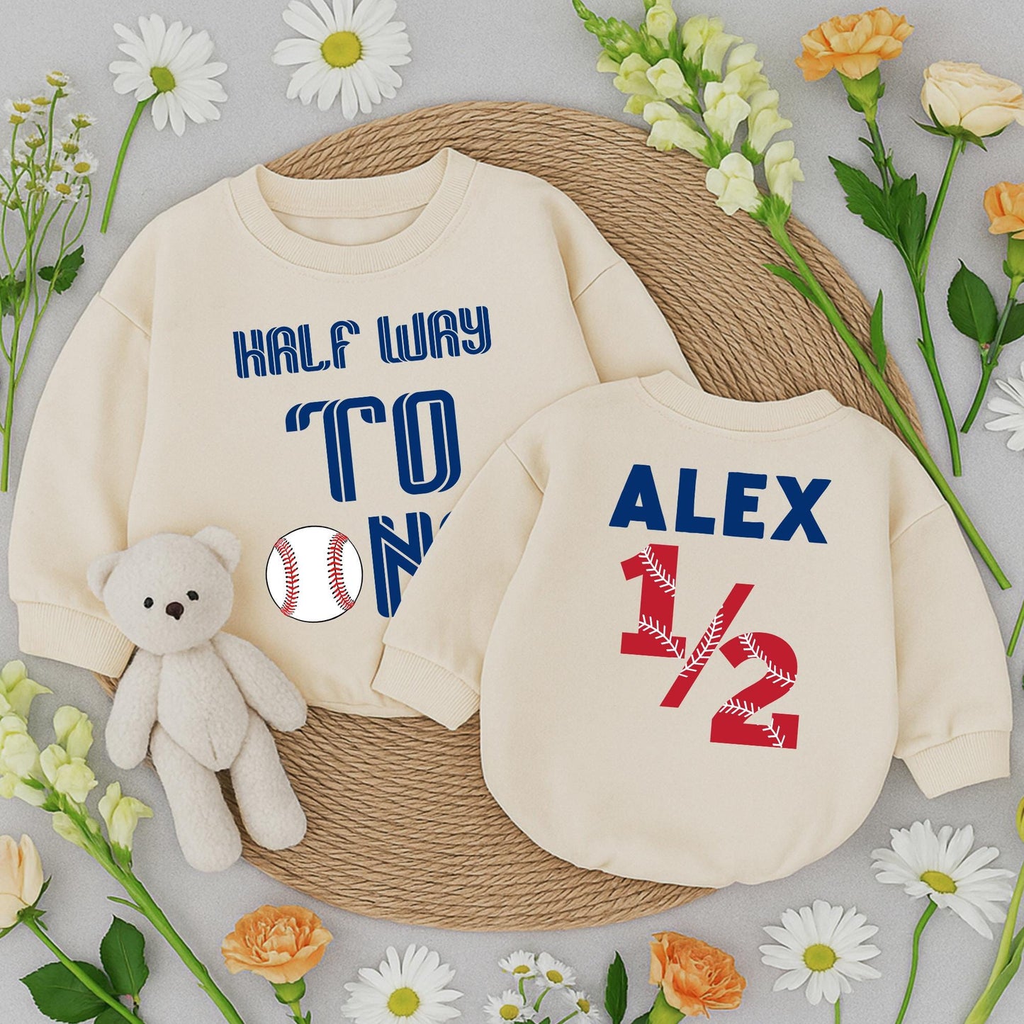 Half Way To One Baseball Romper: Baby's First Homerun! Personalized 1/2 Birthday Outfit for Your Little Slugger Short Sleeve Soft Cotton Clothes