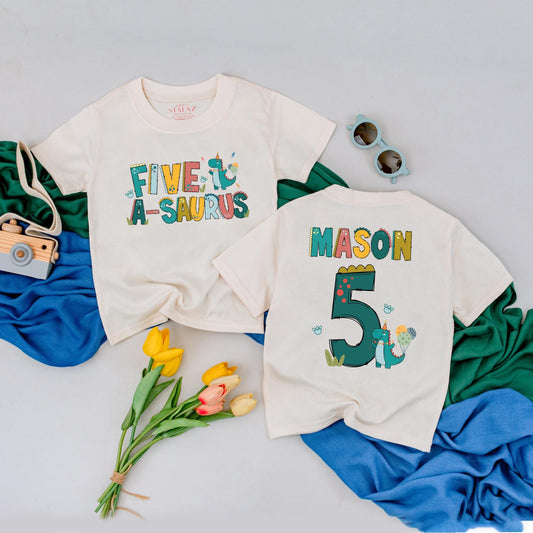 Personalized Five-A-Saurus Birthday Shirt for Boys 5th Birthday Dinosaur Outfit Toddler Tee 5 Years Old Roar Birthday Gift Idea