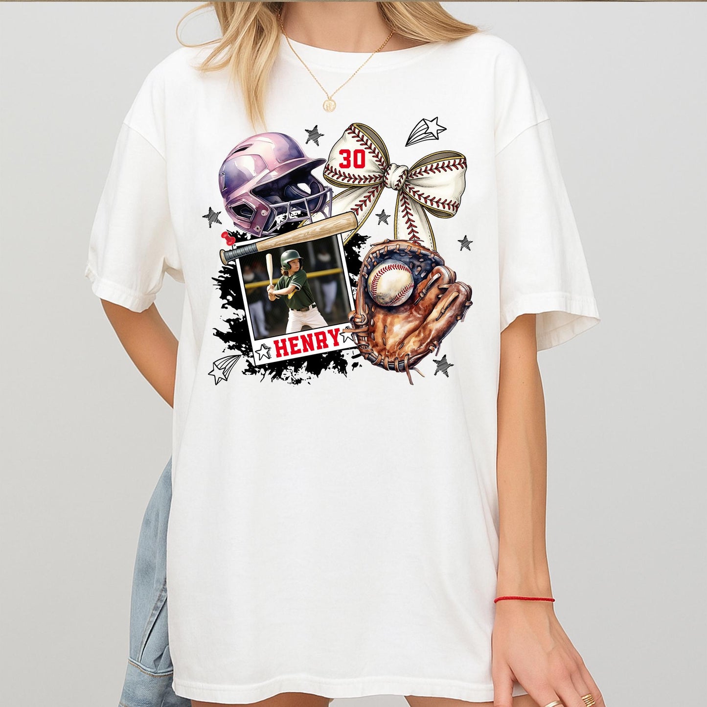 Custom Baseball Photo T-Shirt with Child Player Picture, Personalized Henry Name and Number 30 Design, Game Day Fan Gift Tee