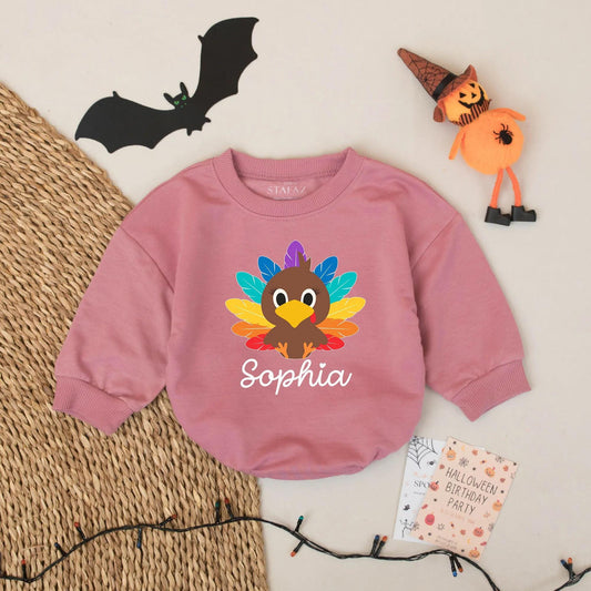 Sophia Turkey Thanksgiving Romper Baby Girl Custom Name Bodysuit Holiday Gift Fun Rainbow Feather Design Fall Outfit