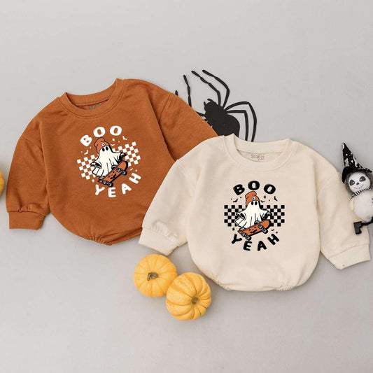Boo Yeah Baby Romper, Retro Ghost Skateboard Halloween Outfit for Baby Girl or Boy, Spooky Season Costume, Funny Gift, Fall Bodysuit