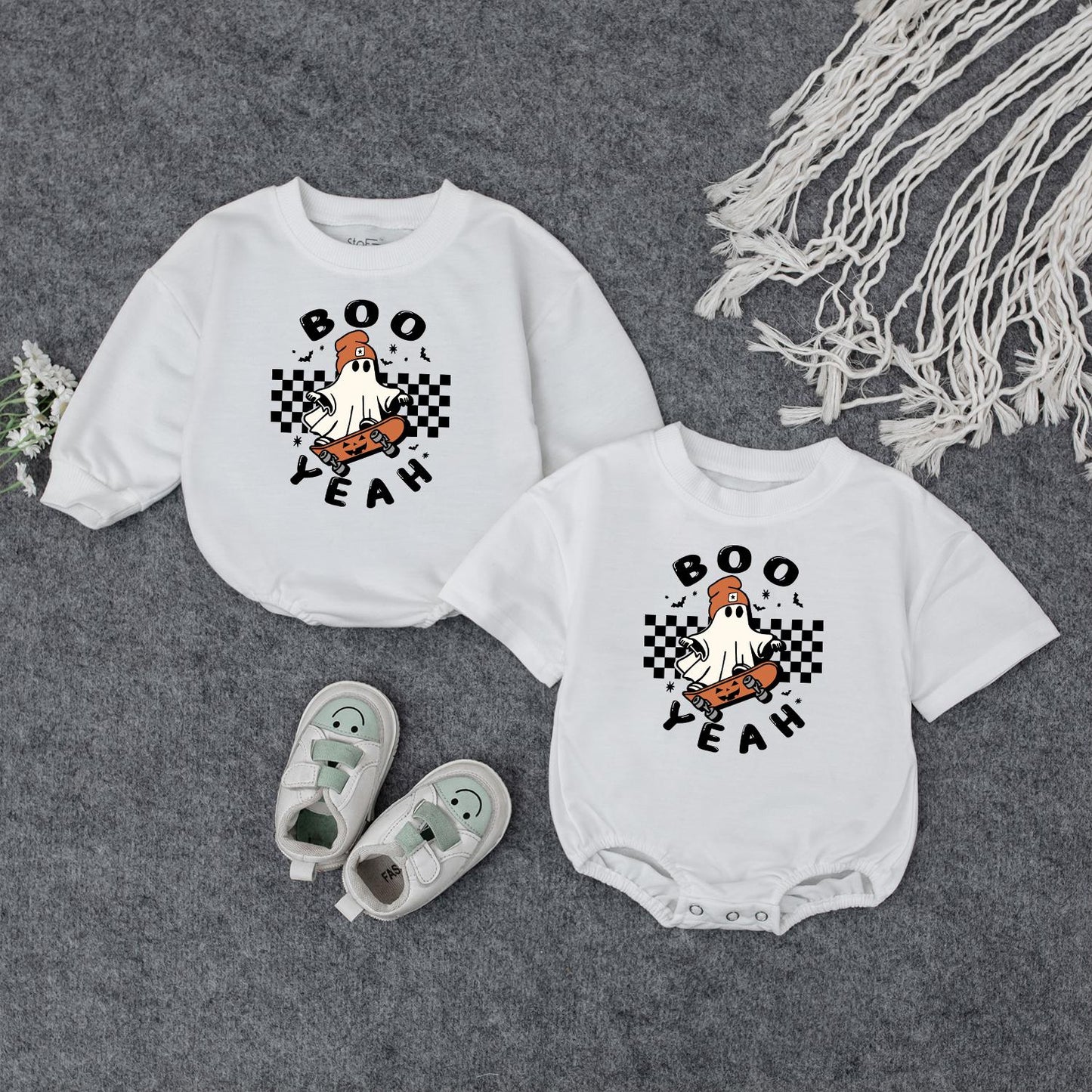 Boo Yeah Baby Romper, Retro Ghost Skateboard Halloween Outfit for Baby Girl or Boy, Spooky Season Costume, Funny Gift, Fall Bodysuit