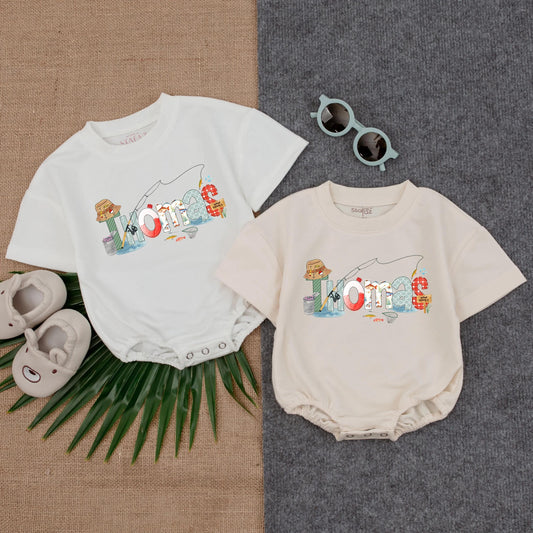 Personalized Fishing Bubble Romper for Baby Boy or Girl Custom Name Fish Bodysuit Cute Toddler Outfit Baby Shower Gift
