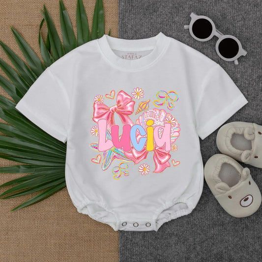 Mosaic Crab Bubble Romper Custom Name Baby Girl Coastal Outfit Toddler Beach Theme Summer Bodysuit Beach Baby Gift