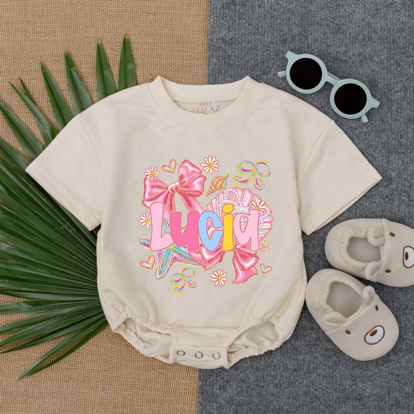 Mosaic Crab Bubble Romper Custom Name Baby Girl Coastal Outfit Toddler Beach Theme Summer Bodysuit Beach Baby Gift