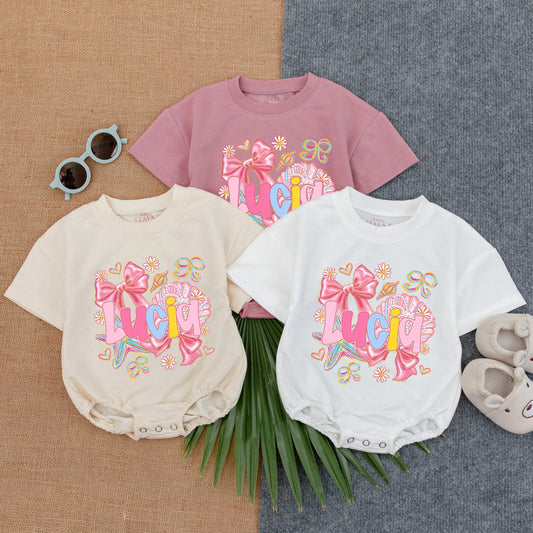 Mosaic Crab Bubble Romper Custom Name Baby Girl Coastal Outfit Toddler Beach Theme Summer Bodysuit Beach Baby Gift