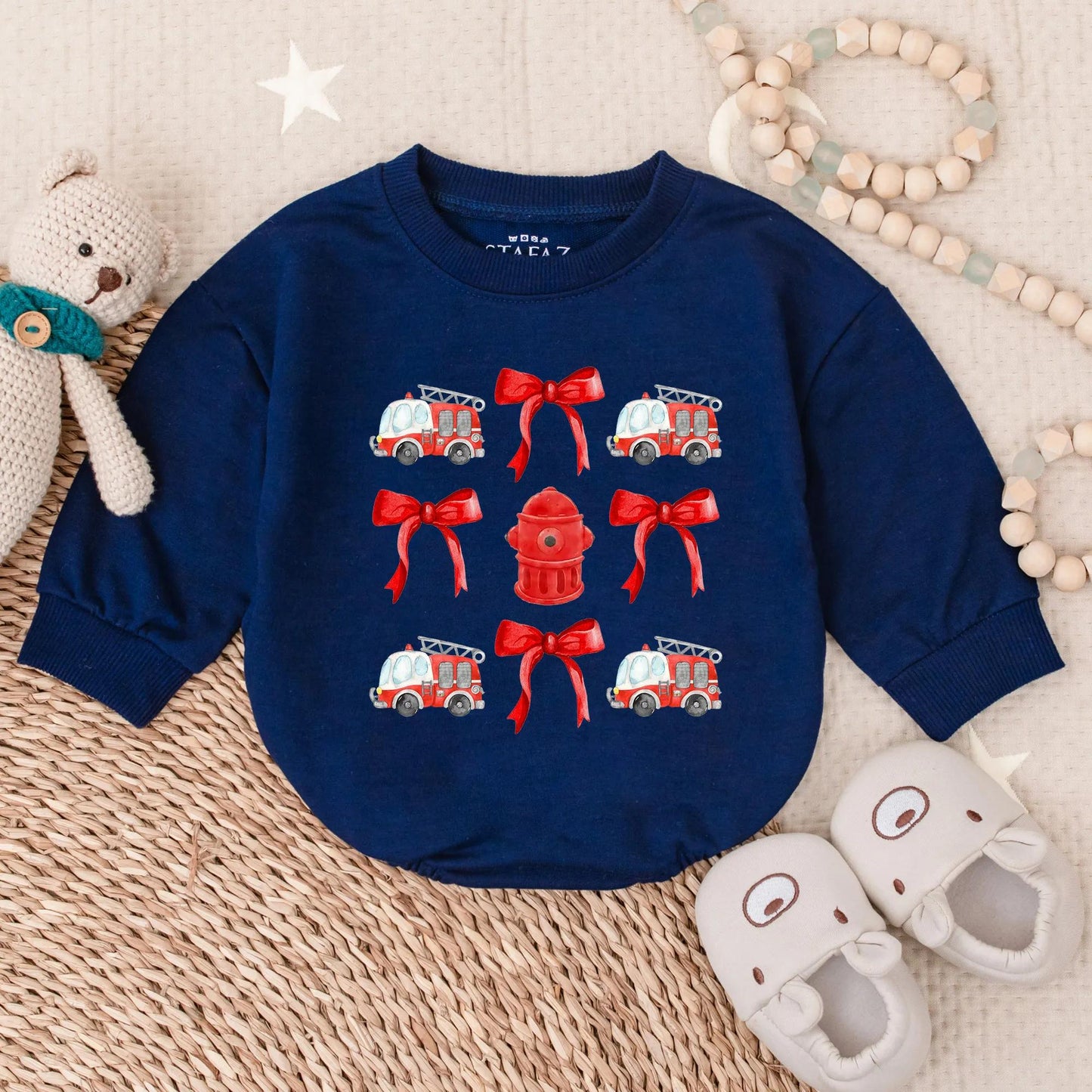 Cute Firetruck Baby Romper Sweatshirt Outfit, Trendy Firefighter Bodysuit for Newborn Baby Boys Girls with Hydrant Bow Coquette Fall Babywear Gift