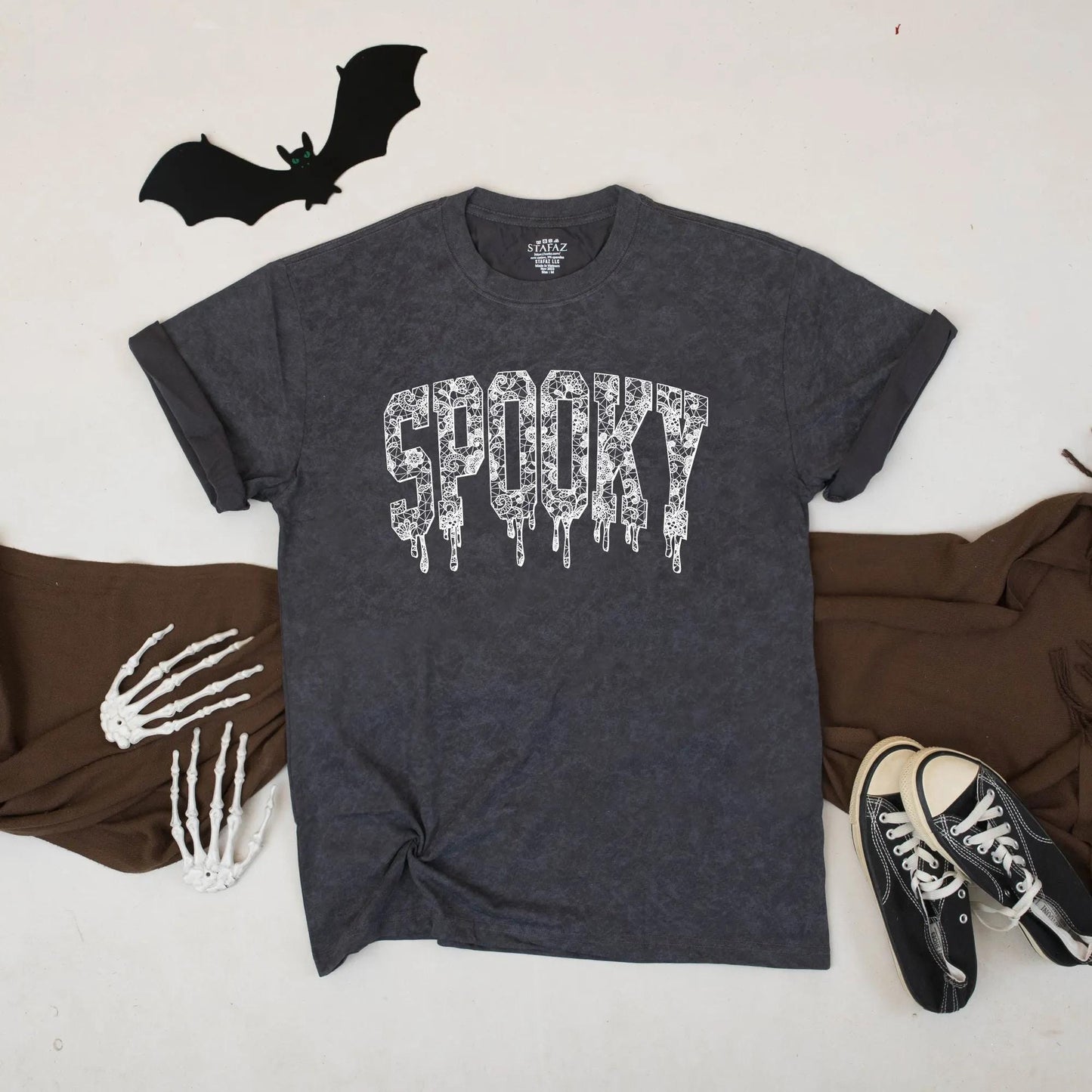 Spooky Lace Halloween Tee: Dripping Letter Graphic Shirt, Cute Gothic Aesthetic Top, Funny Fall Vibes, Unisex Comfort, Perfect October Gift (138 chars)
