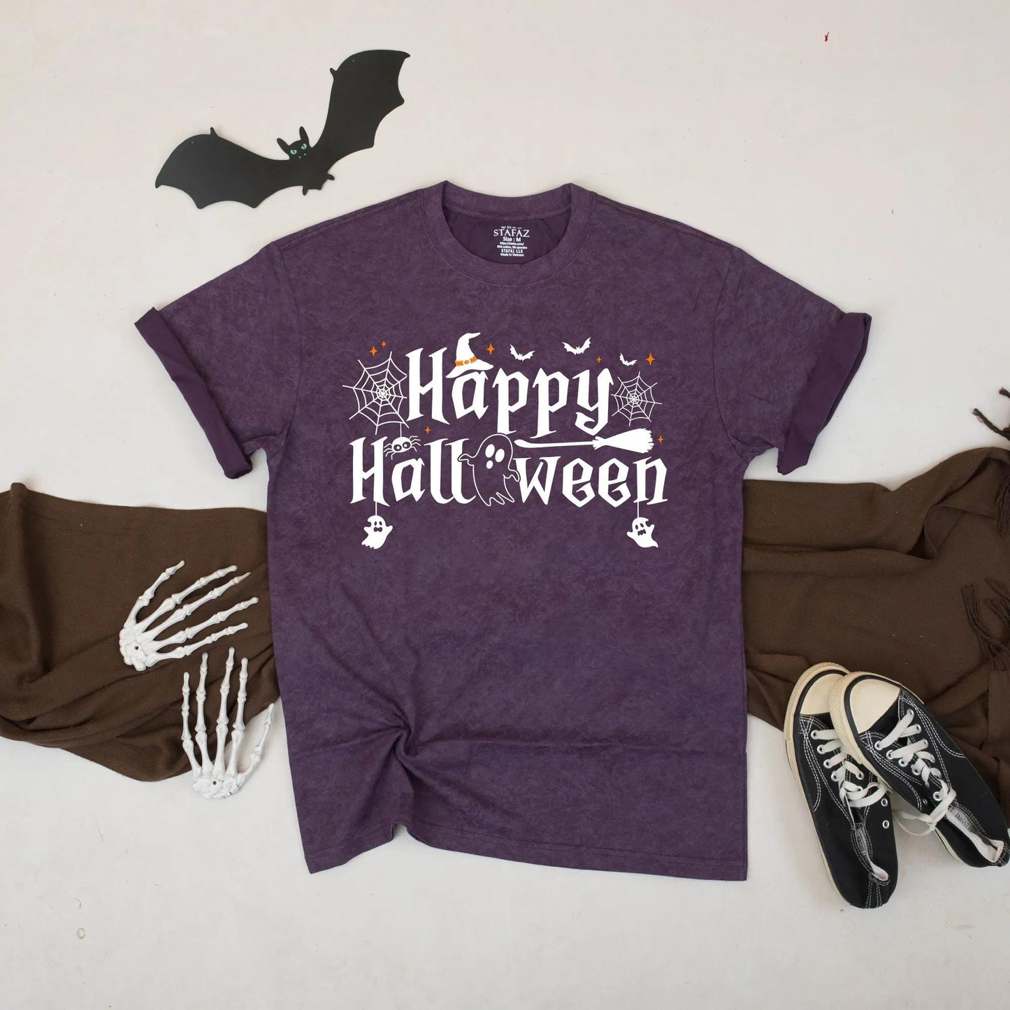 Happy Halloween Shirt Witch Hat Ghost Broomstick Cute Spooky Fall Graphic Tee