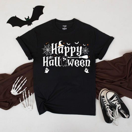 Happy Halloween Shirt Witch Hat Ghost Broomstick Cute Spooky Fall Graphic Tee