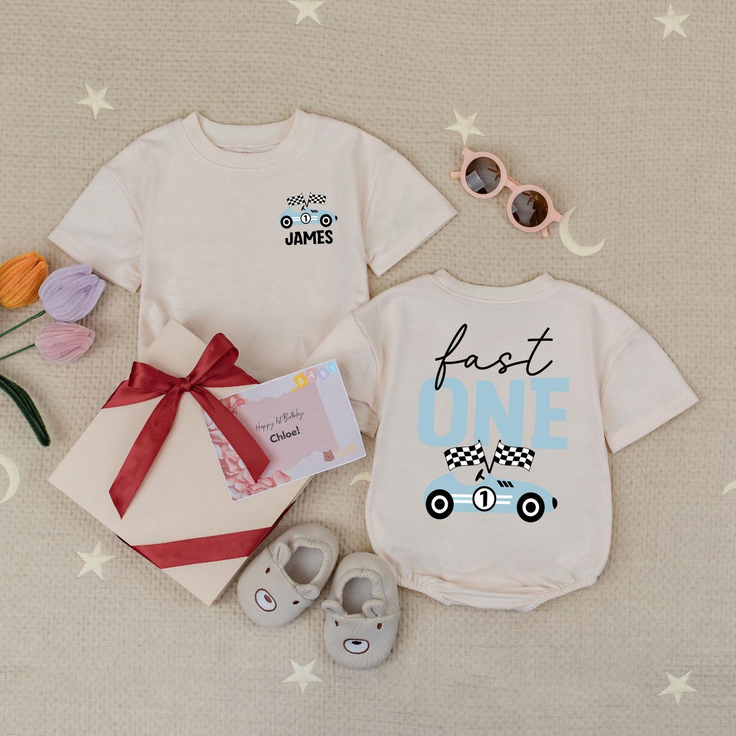 Custom Name Fast One Romper, Race Car 1st Birthday Outfit, Racing Bodysuit, Boy First Birthday Shirt, Family Matching, Race Theme Baby Clothes 139 Chars