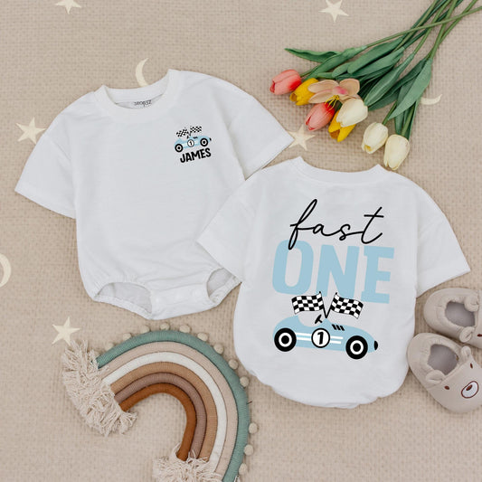 Custom Name Fast One Romper, Race Car 1st Birthday Outfit, Racing Bodysuit, Boy First Birthday Shirt, Family Matching, Race Theme Baby Clothes 139 Chars