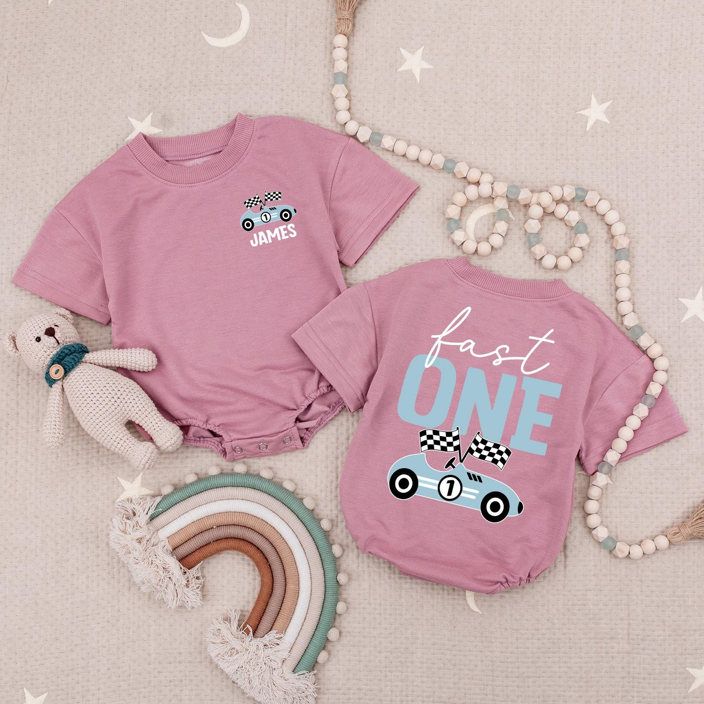 Custom Name Fast One Romper, Race Car 1st Birthday Outfit, Racing Bodysuit, Boy First Birthday Shirt, Family Matching, Race Theme Baby Clothes 139 Chars