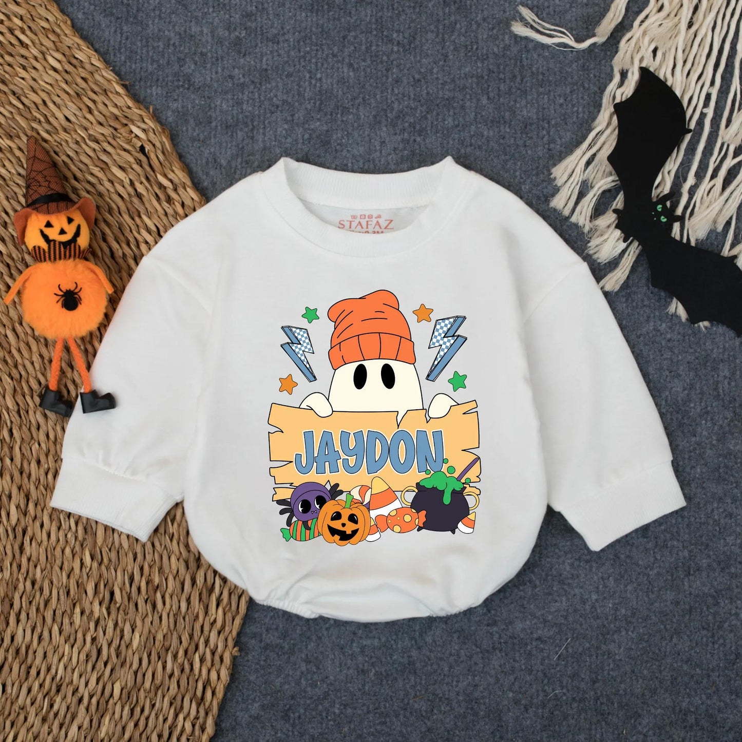 Custom Halloween Baby Boy Bubble Romper Spooky Ghost Pumpkin Fall Outfit Toddler Boo Costume Sweatshirt Personalized