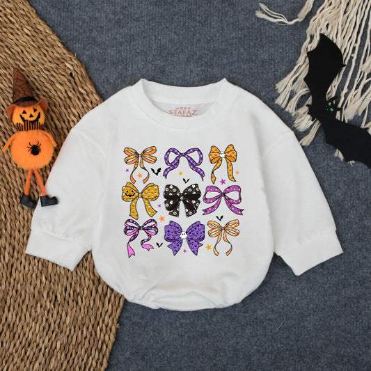 Cute Ghost Pumpkin Bubble Romper Preppy Halloween Bow Baby Outfit Adorable Infant Toddler Fall Bodysuit Cozy Spooky Season Wear