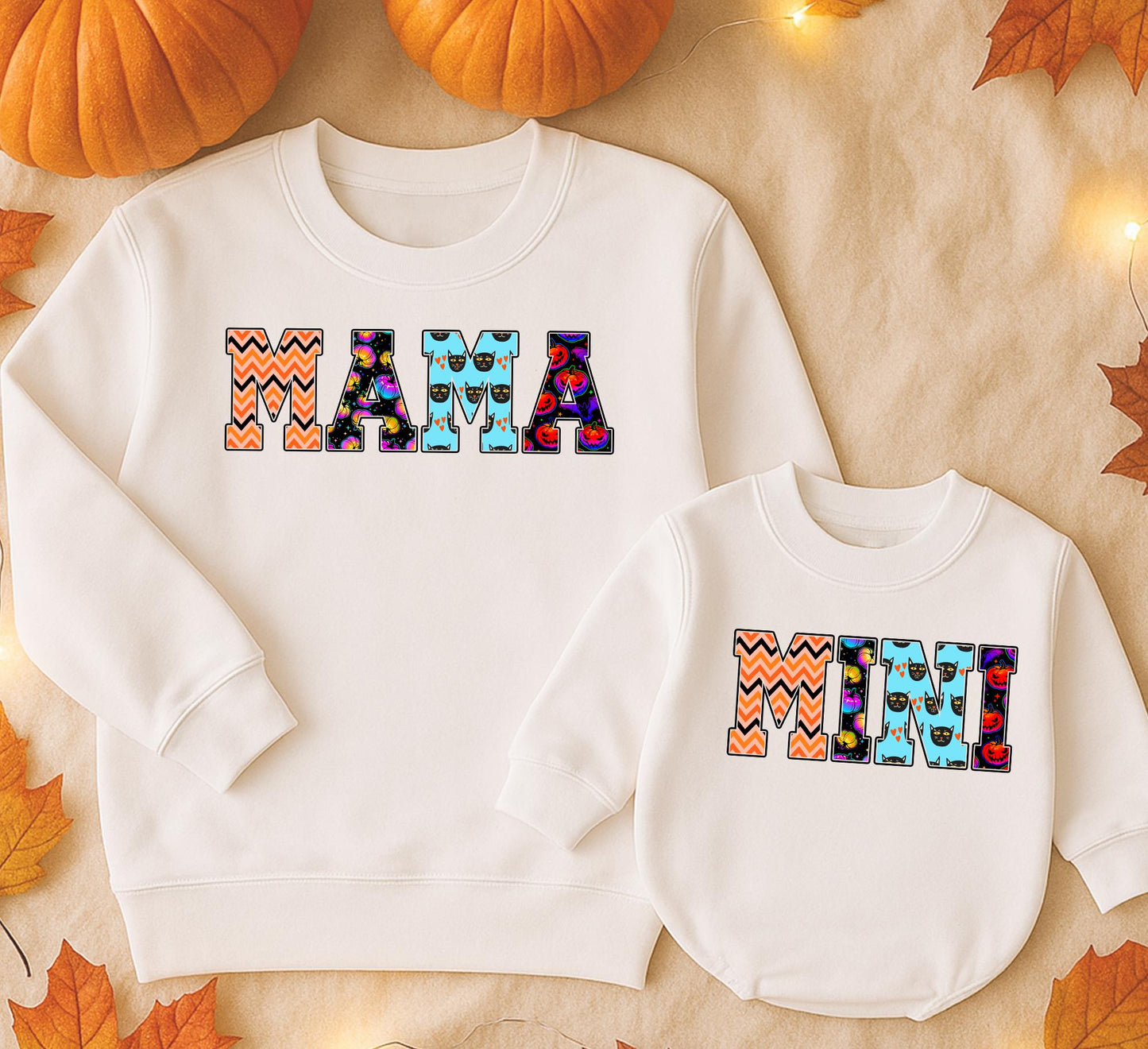 Retro Halloween Mama and Mini Sweatshirts Matching Set, Festive Fall Mom & Daughter Outfit, Orange & Black Patterned Sweaters, Cute Mommy and Me Clothes