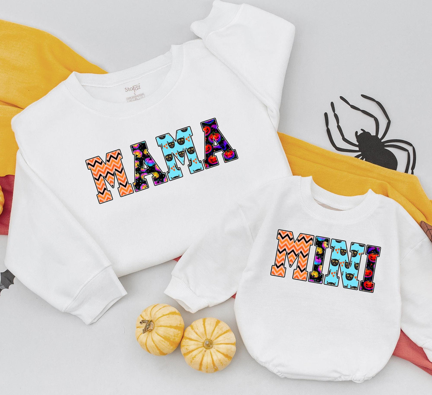 Retro Halloween Mama and Mini Sweatshirts Matching Set, Festive Fall Mom & Daughter Outfit, Orange & Black Patterned Sweaters, Cute Mommy and Me Clothes