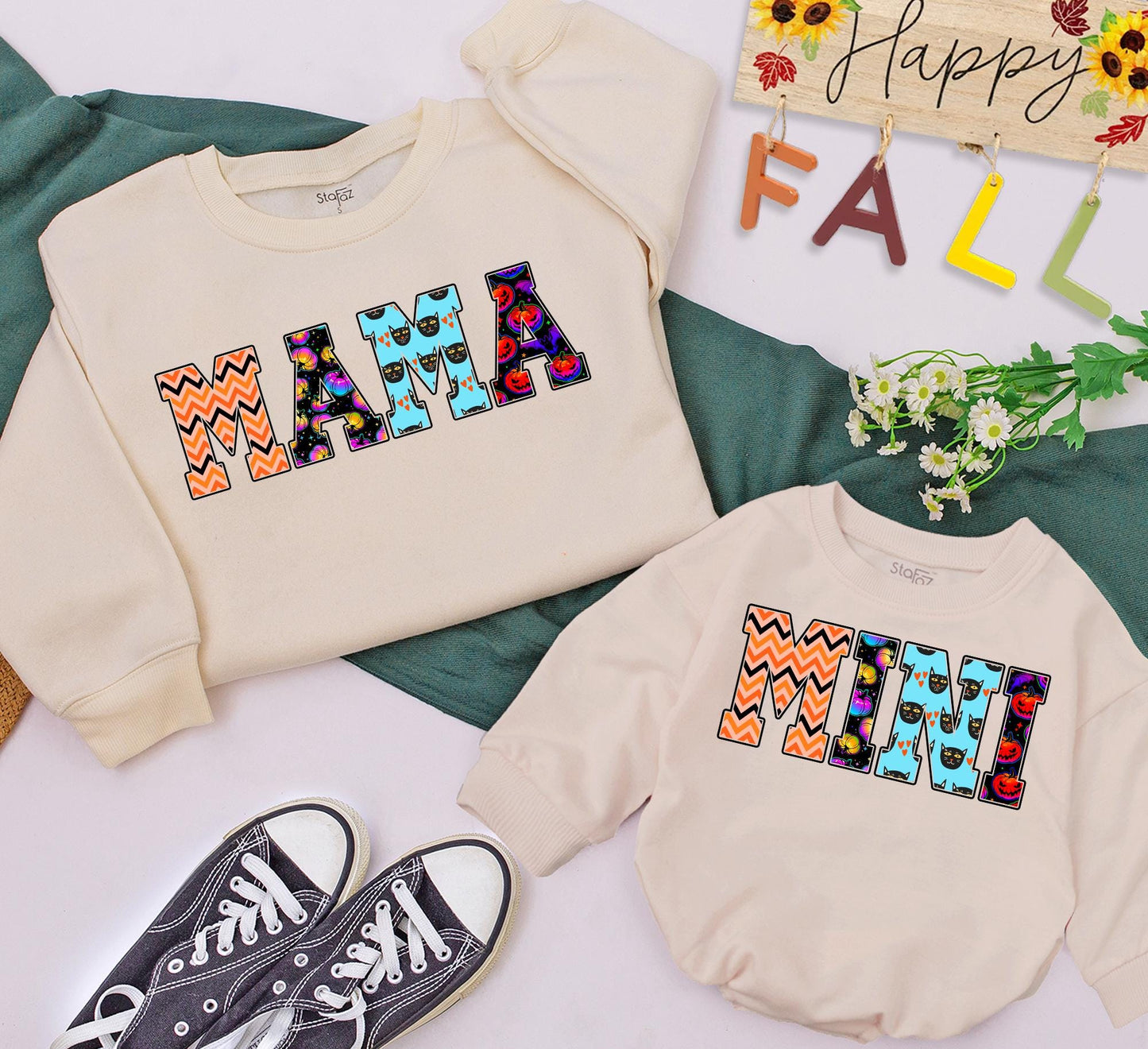 Retro Halloween Mama and Mini Sweatshirts Matching Set, Festive Fall Mom & Daughter Outfit, Orange & Black Patterned Sweaters, Cute Mommy and Me Clothes