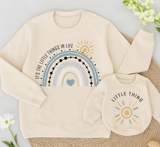 Little Things Matching Family Sweatshirt Set Cute Rainbow Mom and Me Outfit, Infant Romper, Boho Christmas Gift Idea Soft Cotton Mama and Mini Clothes (139 chars)
