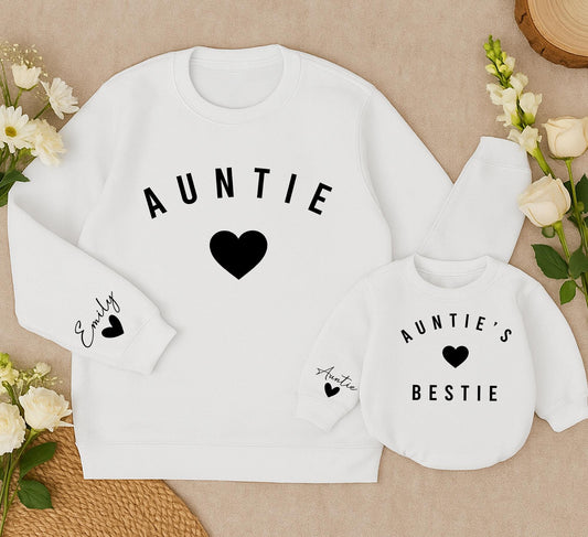 Auntie & Bestie Matching Sweatshirts - Custom 'AUNTIE' & 'Emily' Heart Gifts - Aunt & Niece Cozy Cotton Tops