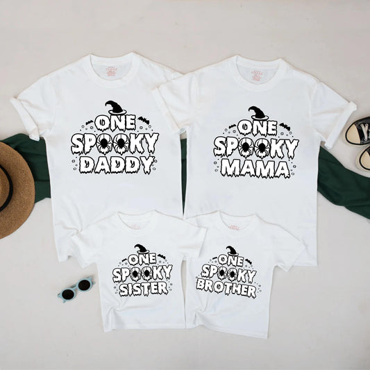 One Spooky Family Matching Halloween Shirts for Mama Dada Sister Brother with Witch Hat Bat Spider Dripping Creepy Cute Fall Outfits
