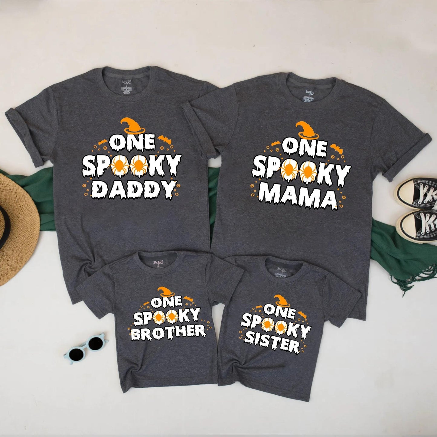 One Spooky Family Matching Halloween Shirts for Mama Dada Sister Brother with Witch Hat Bat Spider Dripping Creepy Cute Fall Outfits