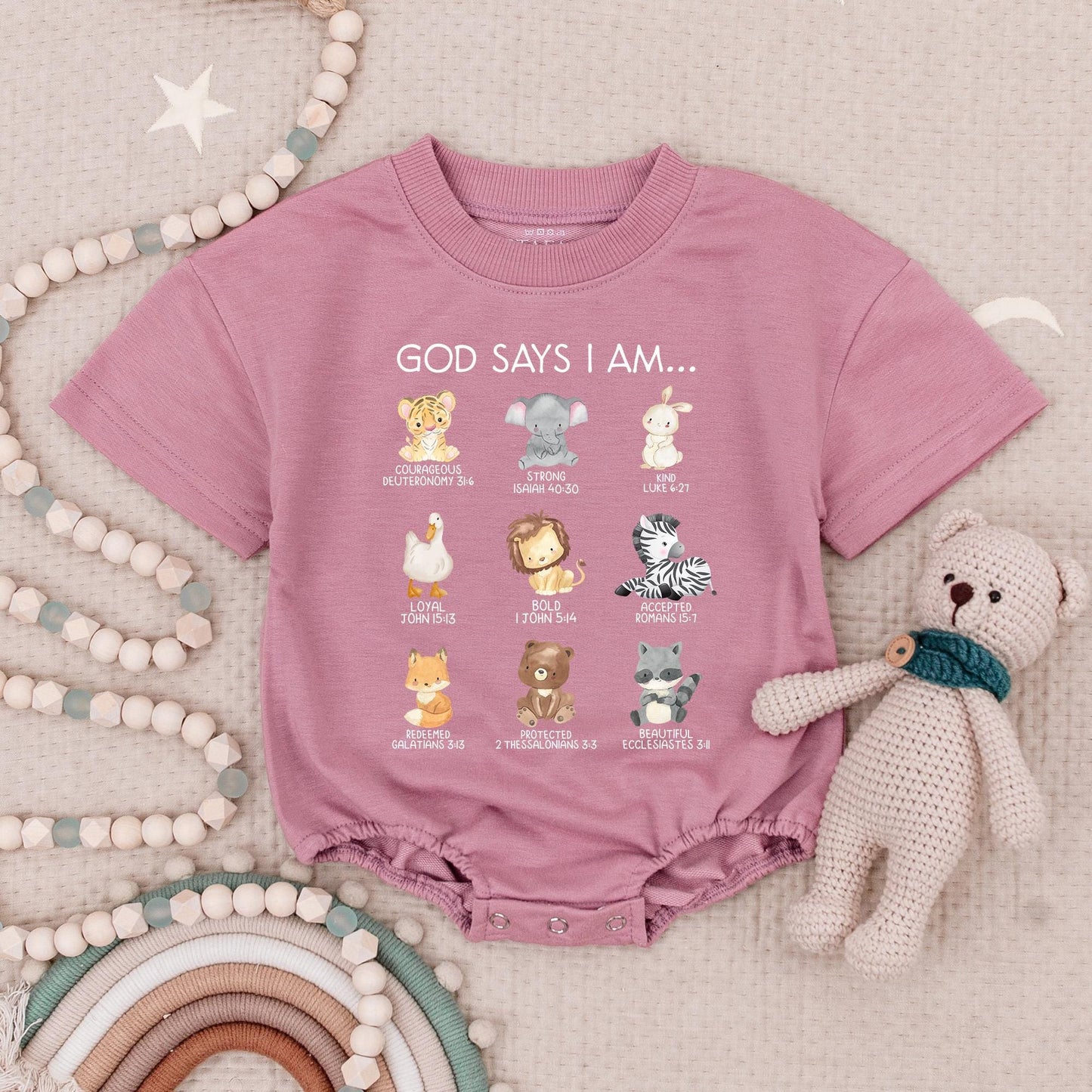 Cute Christian Baby Romper God Says I Am Baby Clothes with Adorable Animal Bible Verses Religious Bodysuit for Baptism Gifts