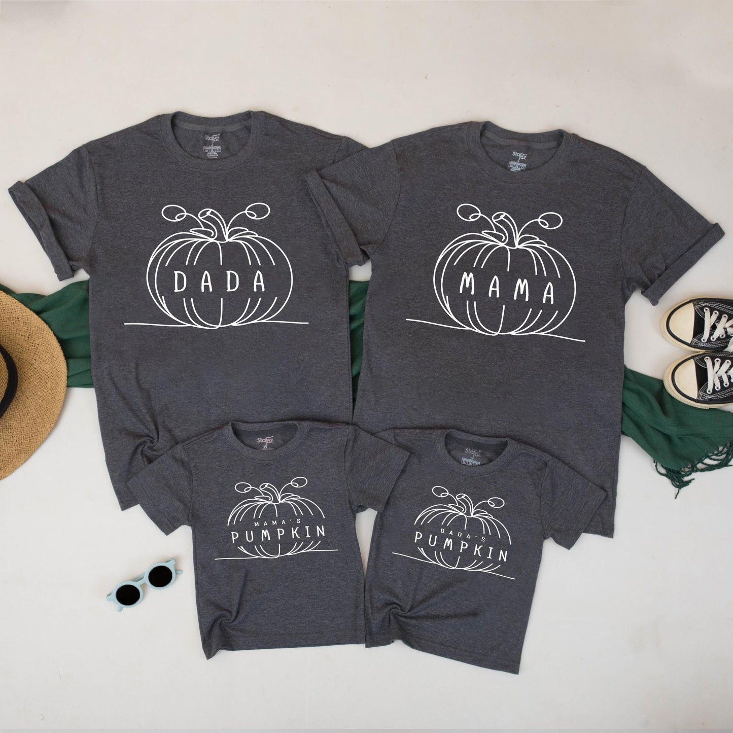 Matching Family Pumpkin Outfits - Dada, Mama, & Kids Halloween Shirts - Modern Pumpkin Vine Design - Fall Family Look - Parent & Child Tees