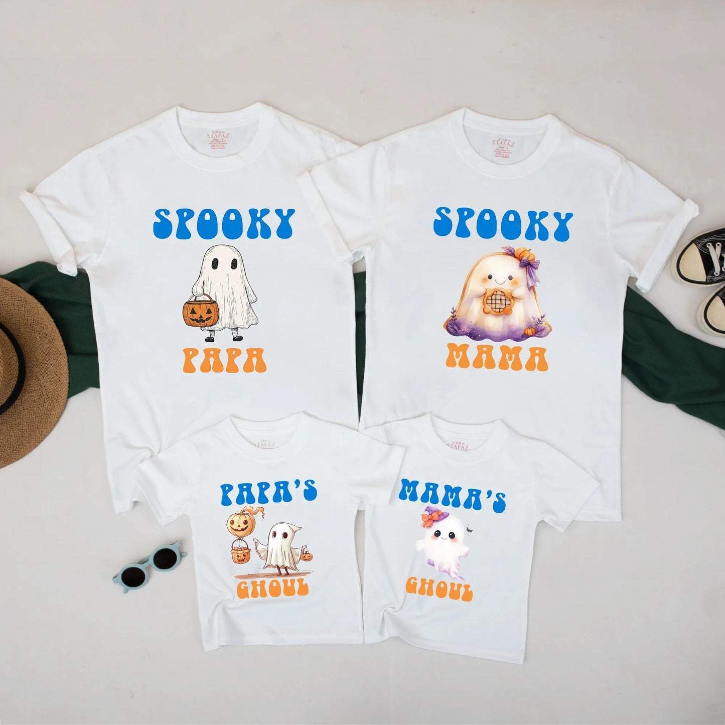 Matching Spooky Halloween Family Shirts, Papa Mama Ghoul Ghost Pumpkin Tees, Orange, White, Purple Vintage Outfits