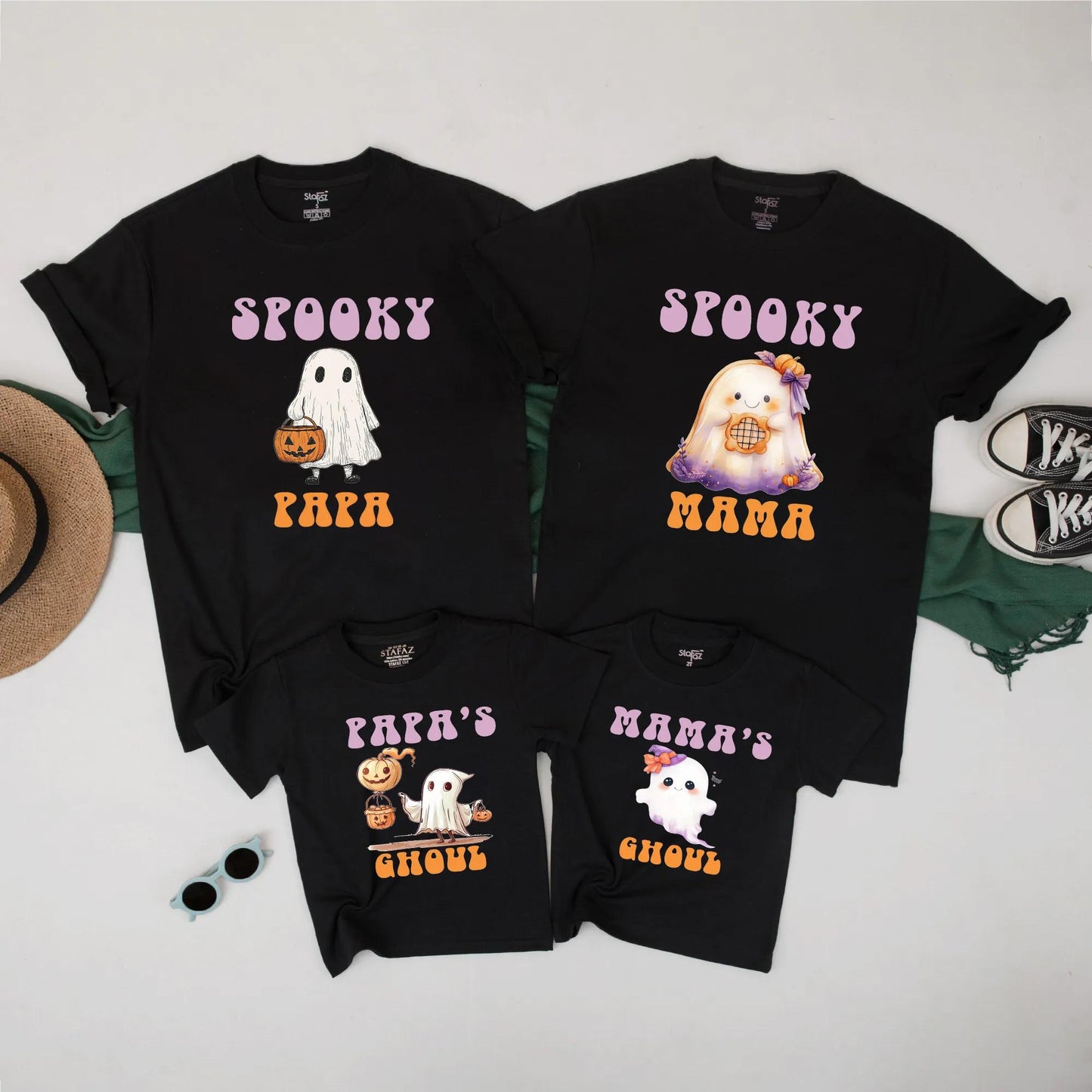 Matching Spooky Halloween Family Shirts, Papa Mama Ghoul Ghost Pumpkin Tees, Orange, White, Purple Vintage Outfits
