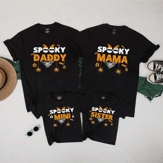 Spooky Family Halloween Shirts - Matching Ghost Bat Tee for Mom Dad Kids - Cute Cartoon Outfit Idea with Witch Pumpkins & Dripping Text - Fall Apparel 138 chars