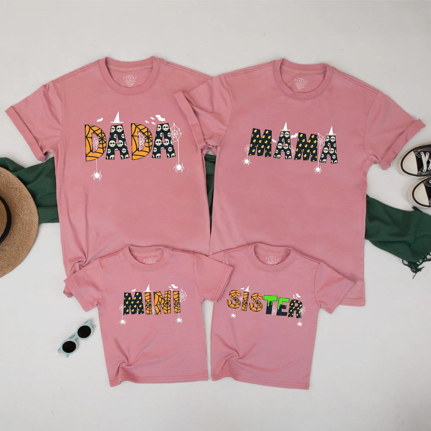 Cute Spooky Matching Family Halloween T-Shirts for Mom Dad Sister Mini Personalized with Bats Skulls Polka Dots and Spiderwebs