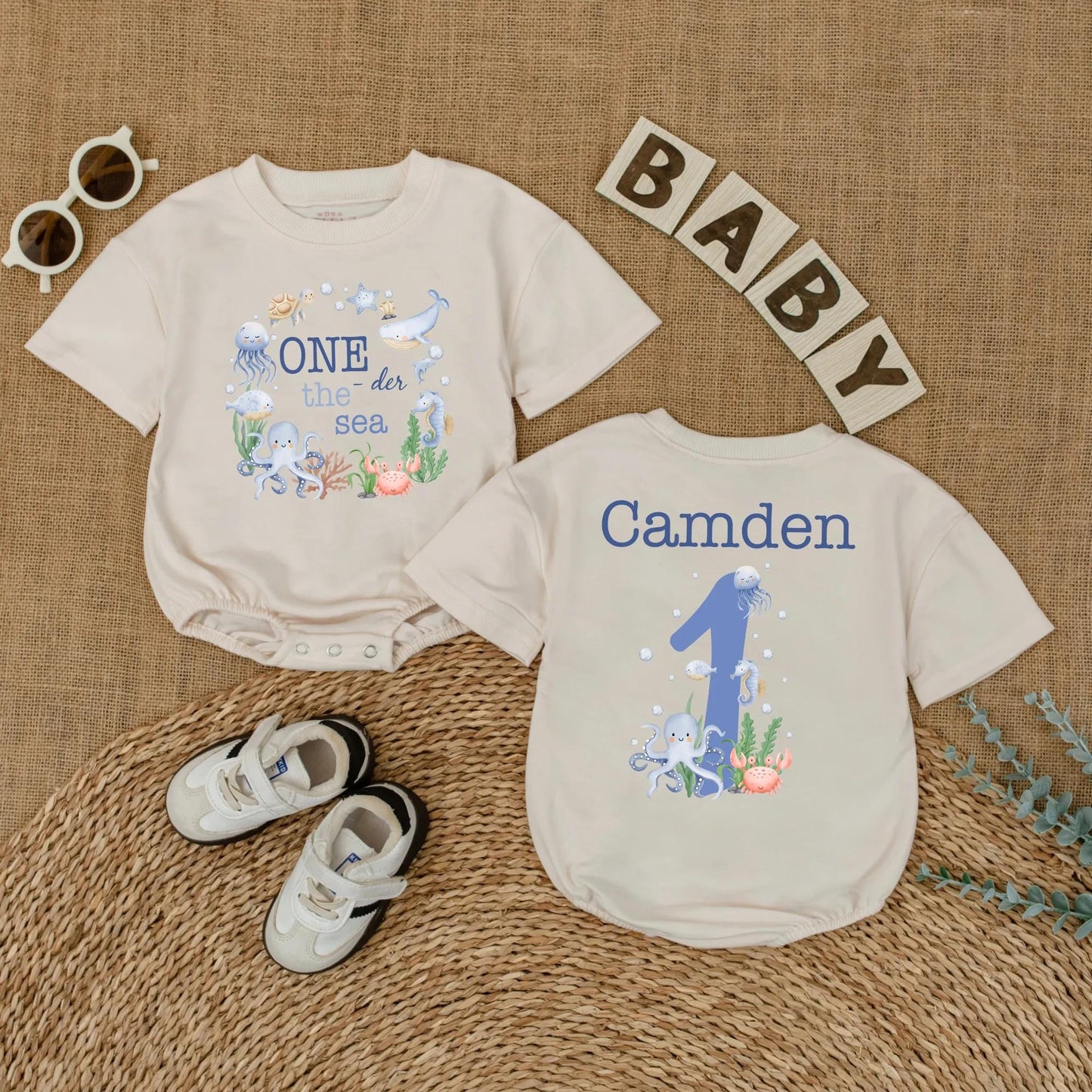 Personalized One the Sea Birthday Romper Ocean Theme First Birthday Bubble Outfit for Boys Girls Under the Sea Party Celebration