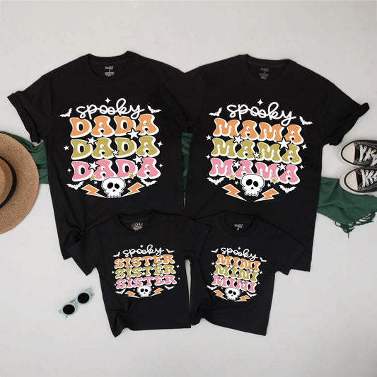 Spooky Family Halloween Shirts – Retro Mama Dada Mini Sister Matching Outfit, Cute Skulls Bats Tee Set - Orange Green Pink Fall TShirt Collection