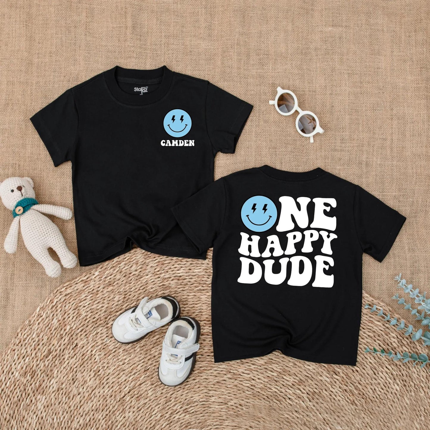 Personalized One Happy Dude Romper, Retro Birthday Outfit for Baby Boy, Custom Camden Name, Lightning Bolt Smiley Face, Groovy 1st Birthday Party Outfit