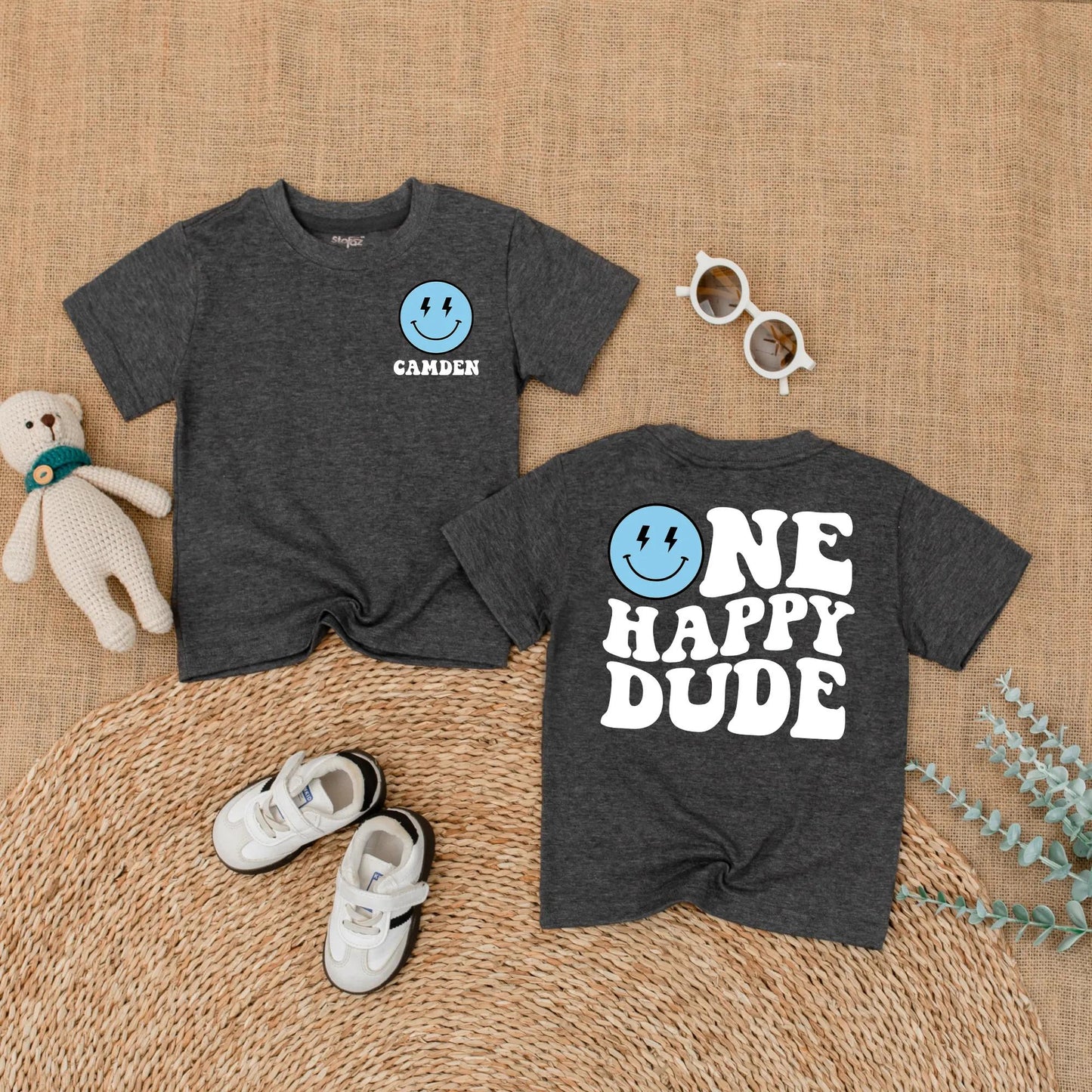 Personalized One Happy Dude Romper, Retro Birthday Outfit for Baby Boy, Custom Camden Name, Lightning Bolt Smiley Face, Groovy 1st Birthday Party Outfit